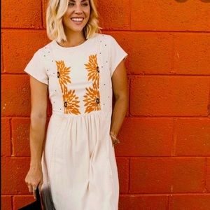 ROOLEE Cream Linen Cotton Dress Embroidered Orange Flowers Lace Trim XXXL NEW!!!